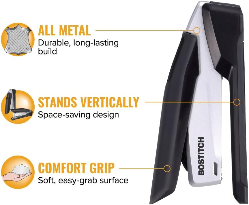 Office Executive Metal Desktop Stapler, 3 in 1 Spring Powered Stapler, One Finger, Staple Storage Compartment &