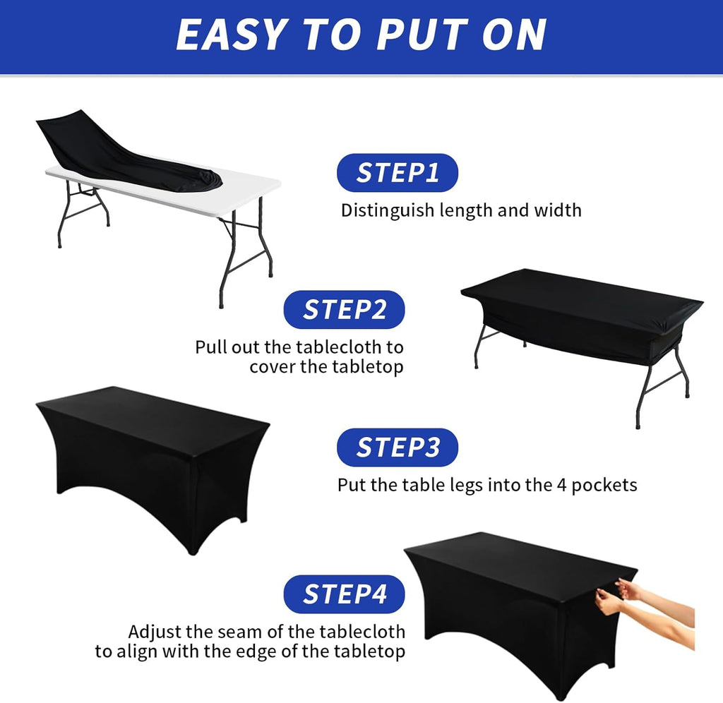 3 Pack 6FT Black Tablecloth Rectangle Spandex Fitted Table Cover