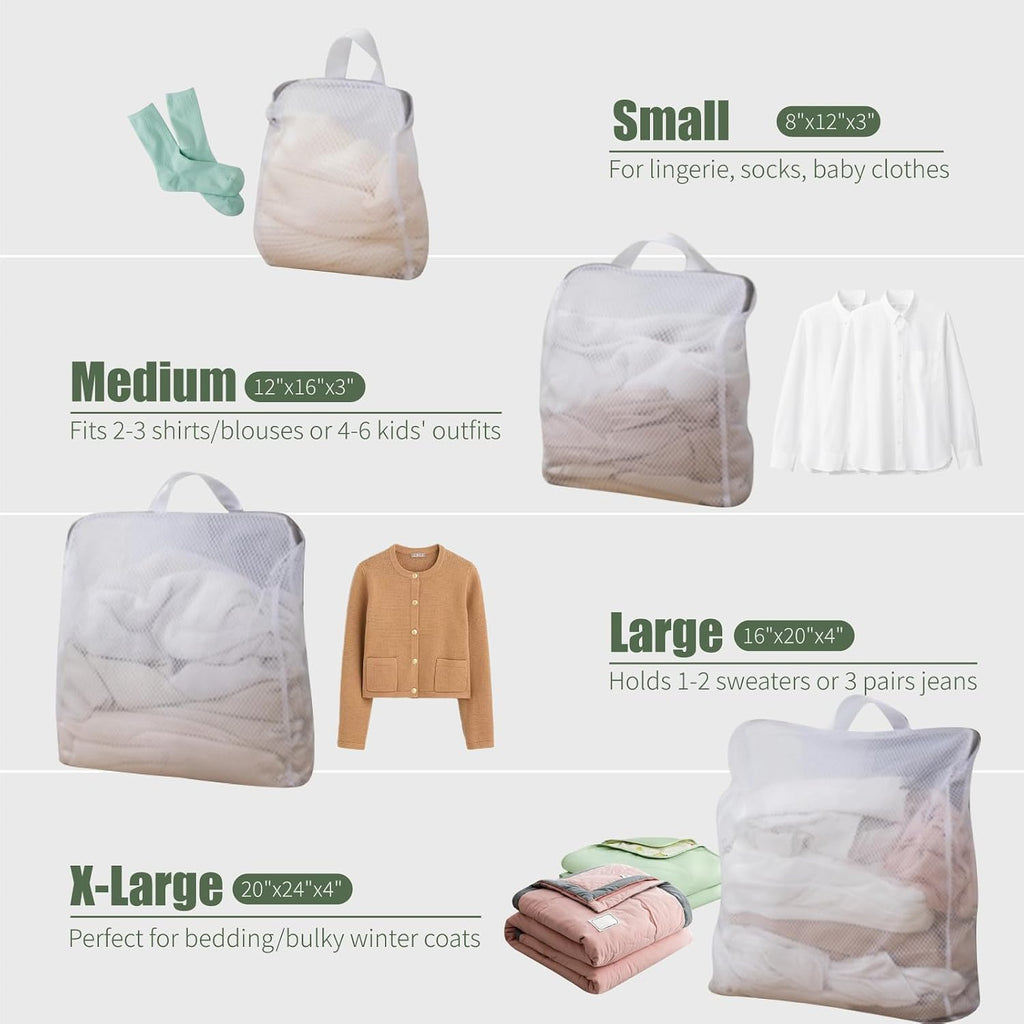 GWT 4Pcs 3D Mesh Laundry Bags with Hanging Handles (S/M/L/XL) - Durable Zippered Wash Bags for Delicates, Shoes &