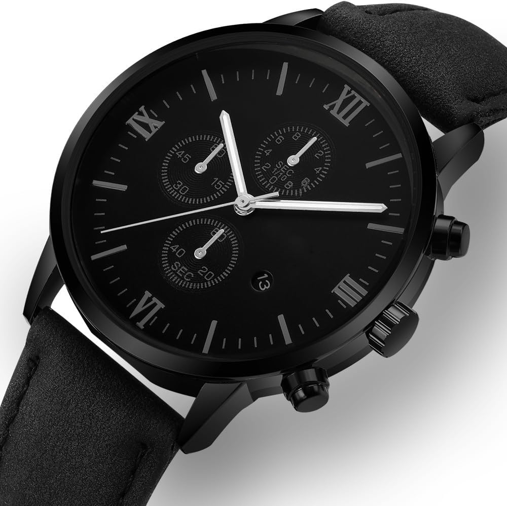 Mens Watches, Chronograph Analog Quartz Movement Dress Watch Casual Leather Band Date Watches for Men Roman Numerals