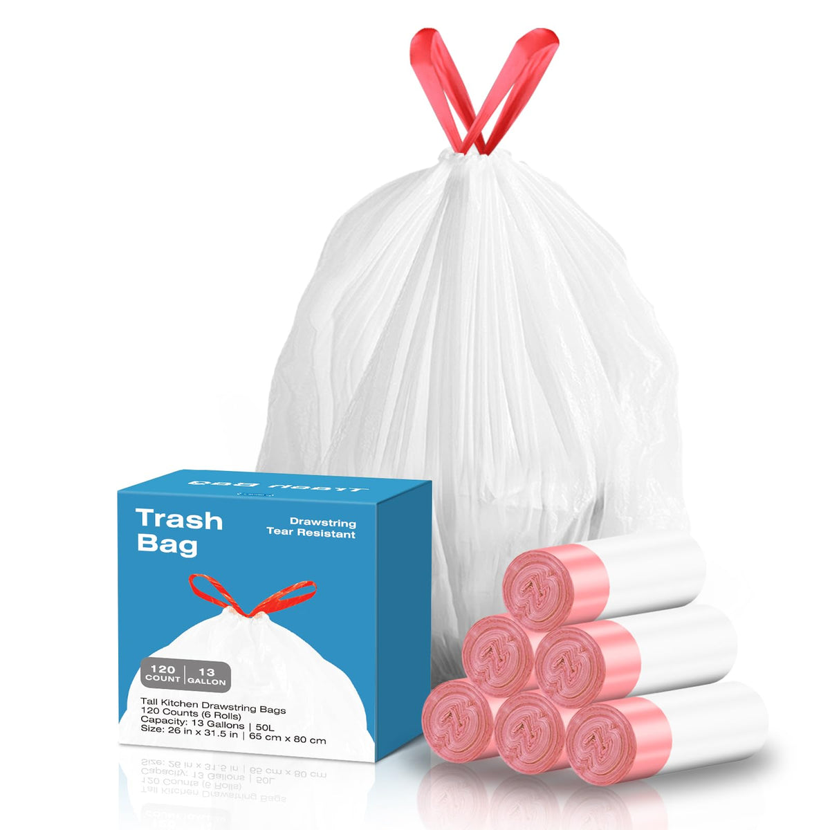 13.2 Gallon Tall Kitchen Drawstring Trash Bags, 120 Count Pre-separated Garbage Bags, Unscented, Leak Proof, Waste