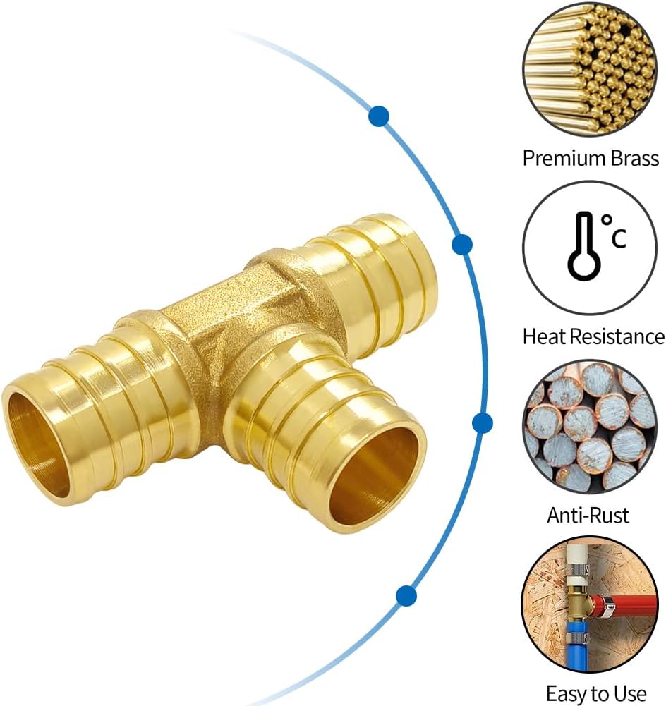 Hooshing 12PCS 3/4" Pex Tee Fittings, Brass Crimp Fitting for Pex B Tubing