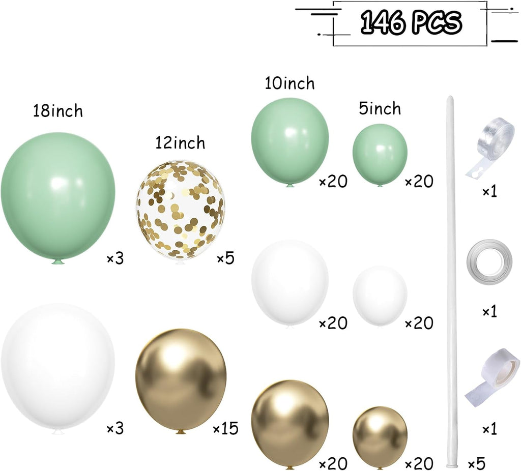 Sage Green White Gold Balloon Garland Arch Kit, 146Pcs Latex Balloons Different Sizes 18 12 10 5 Inch for Birthday