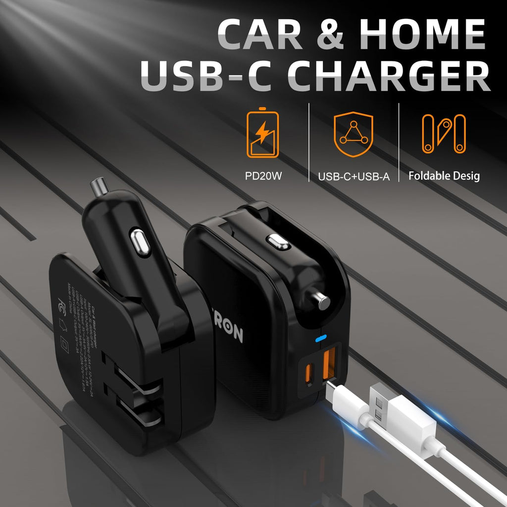 Wall & Car Charger Travel Charging Station, 36W Dual USB-C & USB-A Fast Charger, Foldable for iPhone, iPad, Android