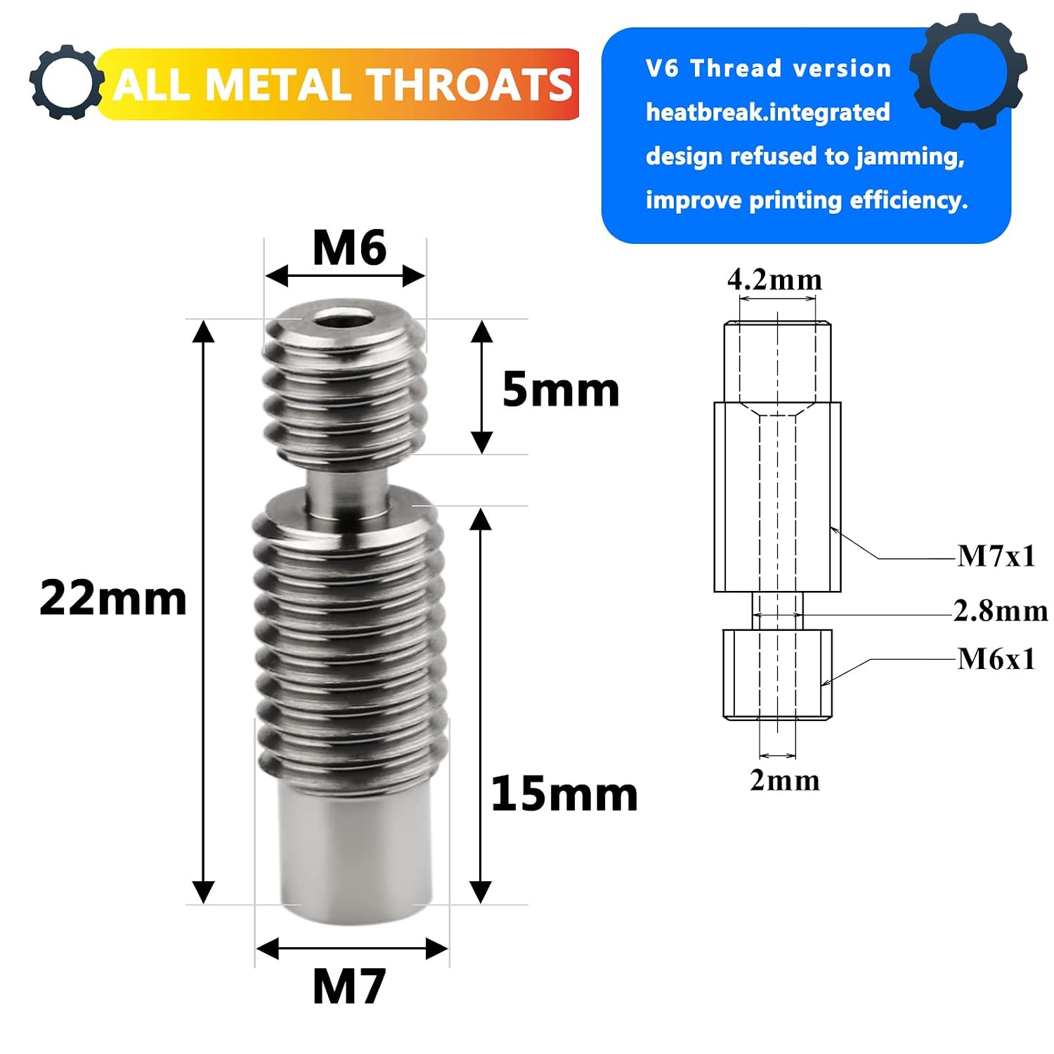 Pack of 2pcs 3D Printer Super Smooth Titanium Alloy Heat Break All Metal Thermal Barrel Feeding Tube Heatbreak Throat