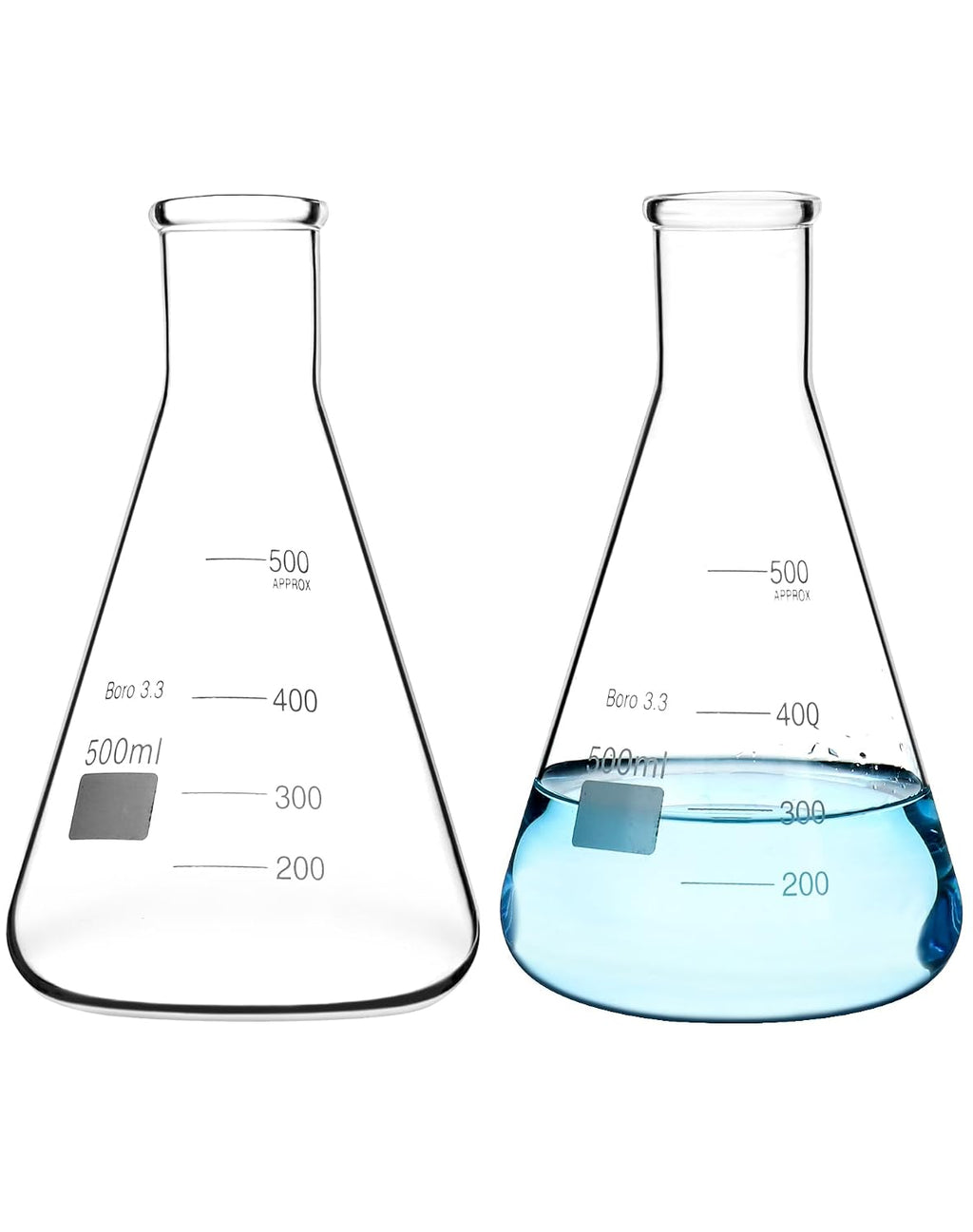 Erlenmeyer Flask Set, 2 Pcs 500ML Borosilicate Glass Conical Flasks with Narrow Mouth, Printed Scale