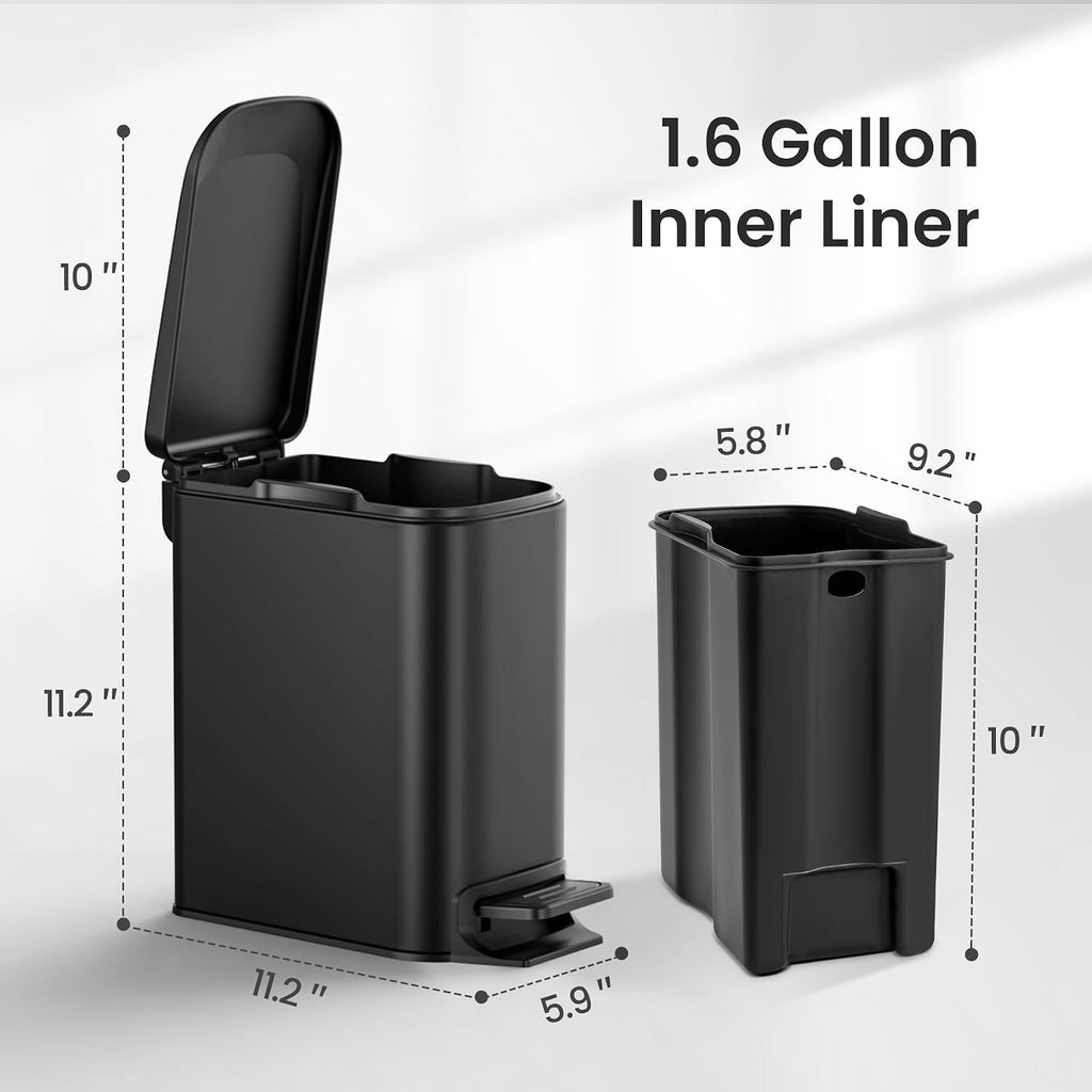 Small Bathroom Trash Can with Lid, 1.6 Gal, Soft Close, Matte Black | Step pedal soft close, Slim 5.9in fits narrow