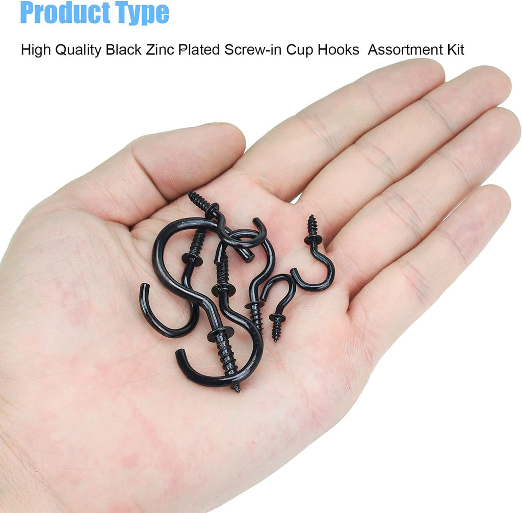 136PCS 7-Sizes Screw-In Hook Kit, Black Zinc Plated Cup Hooks for Home, Office & Workplace (1/2", 5/8", 3/4", 7/8"