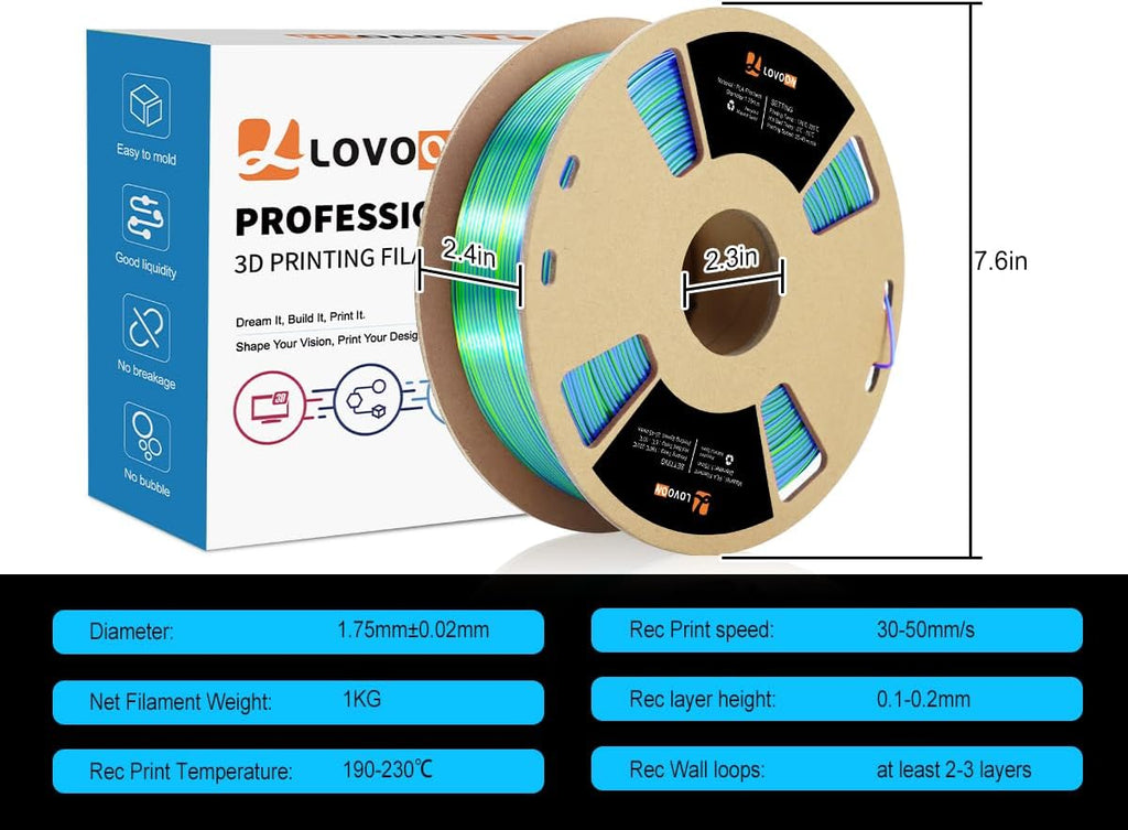 3D Printer Filament, Silk PLA Filament Tricolor, Green-Red-Blue 1kg | 1.75mm Multicolor filament, 3D Printing