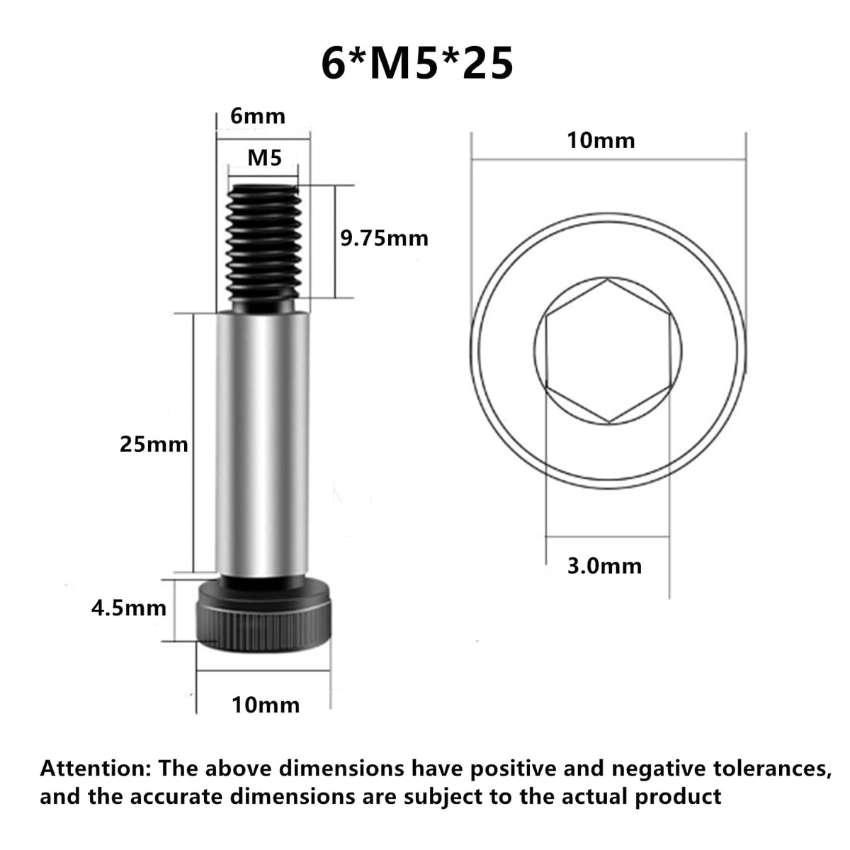 M5 Thread Shoulder Screw Bolts, 6 Pcs, 6mm Shoulder, 25mm