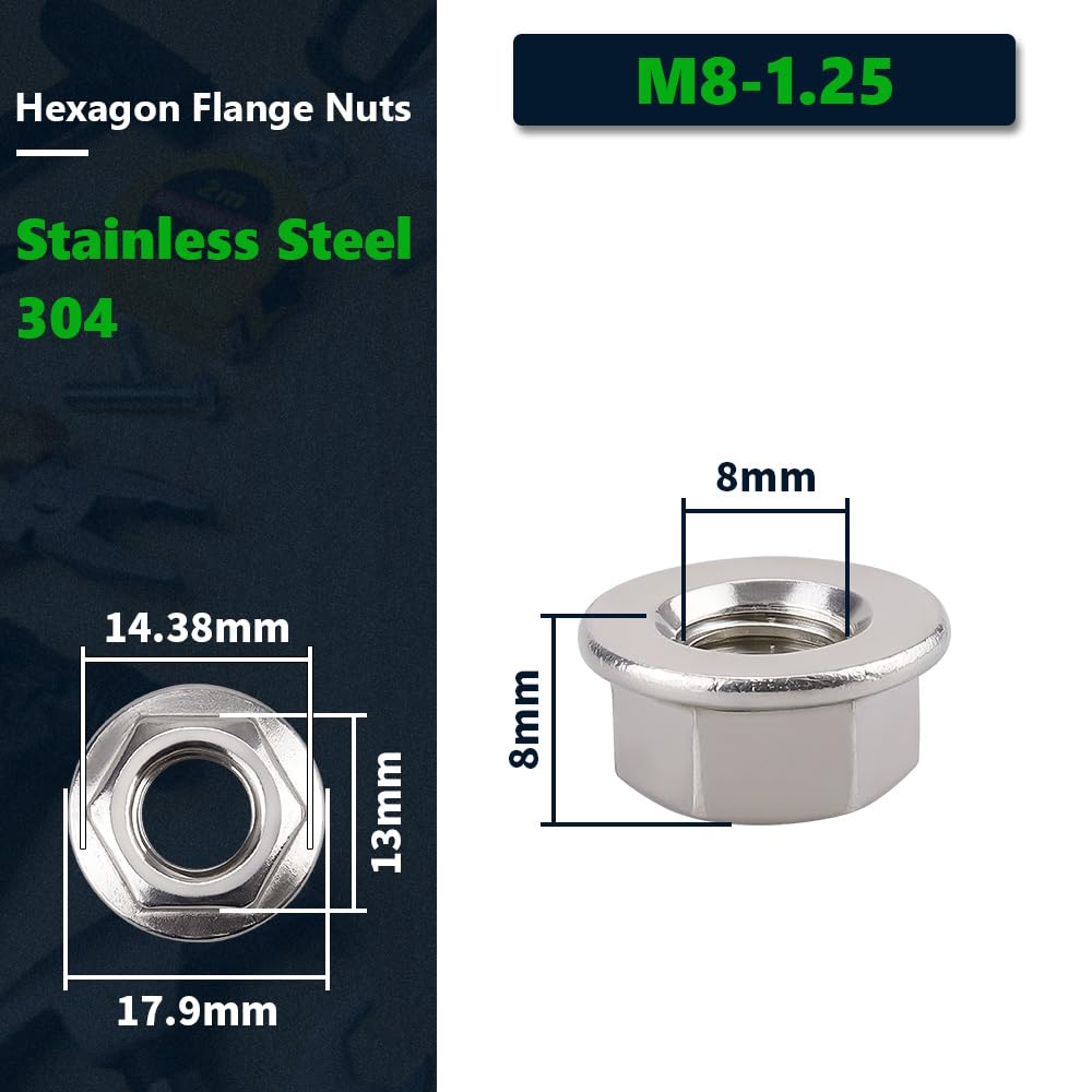 (20 PCS) M8-1.25 Hexagon Flange Nuts with Non-Serrated Flange Washer Head, 304 Stainless Steel, Hex Drive, Full Thread