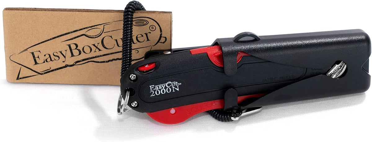 Modern Box Cutter, Extra Tape Cutter at Back, Dual Side Edge Guide, 3 Blade Depth Setting, 2 Blades and Holster