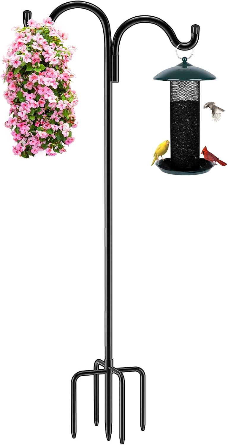 Double Shepherds Hook for Outdoor, 108 Inch Bird Feeder Pole with 5 Prongs Base, 5/8 Inch Thick Heavy Duty Adjustable