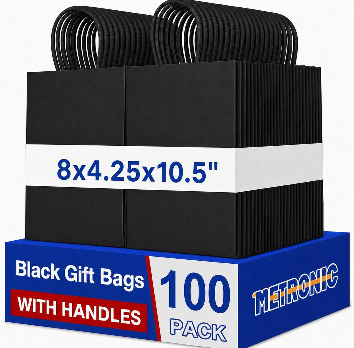 Black Paper Gift Bags 8x4.25x10.5 Inches 100 Pack