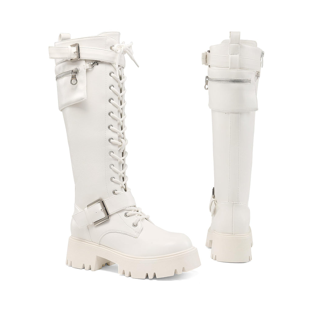 Womens Knee High Combat Boots Platform Heels,White,6