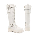 Womens Knee High Combat Boots Platform Heels,White,6