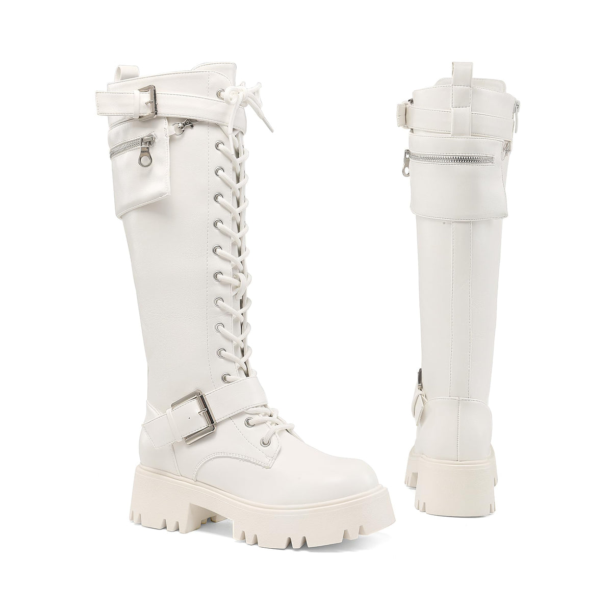 Womens Knee High Combat Boots Platform Heels,White,6