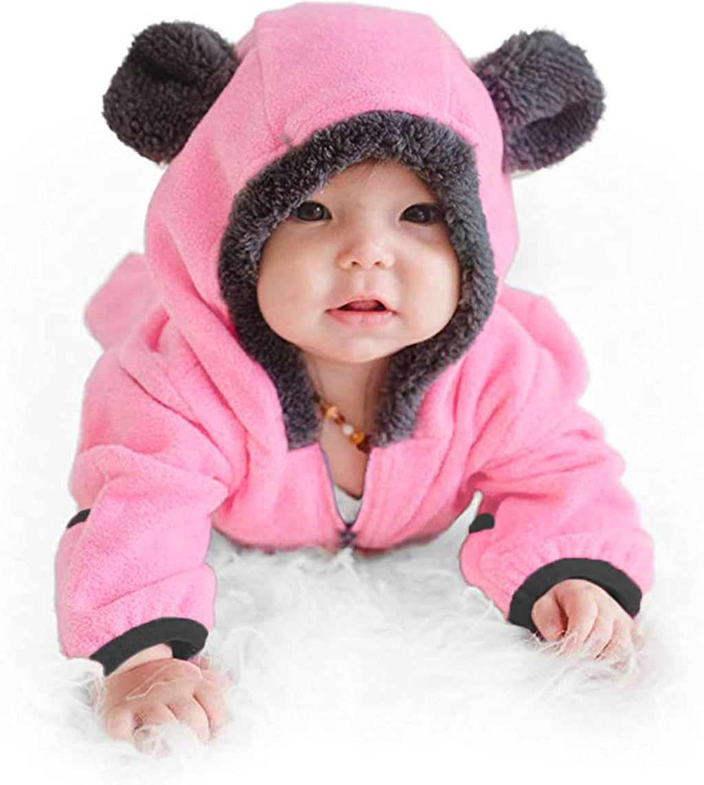Newborn Baby Boy Girl Fleece Footed Jumpsuit Bear Ears Hooded Romper Zip up Winter Coat Bunting Bodysuit Outerwear