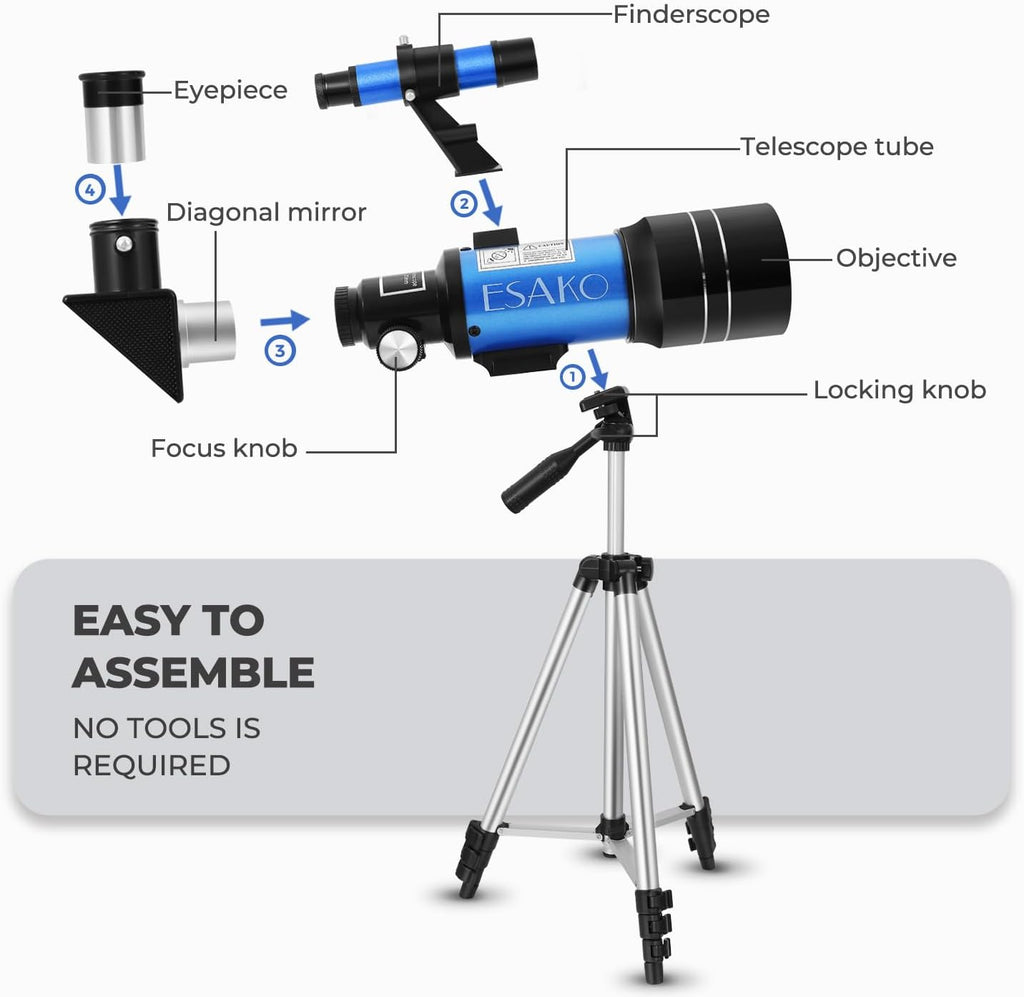 Telescope for Kids & Beginners, 70mm Aperture Portable Telescopes with 3 Eyepieces, Height Adjustable Tripod & Phone