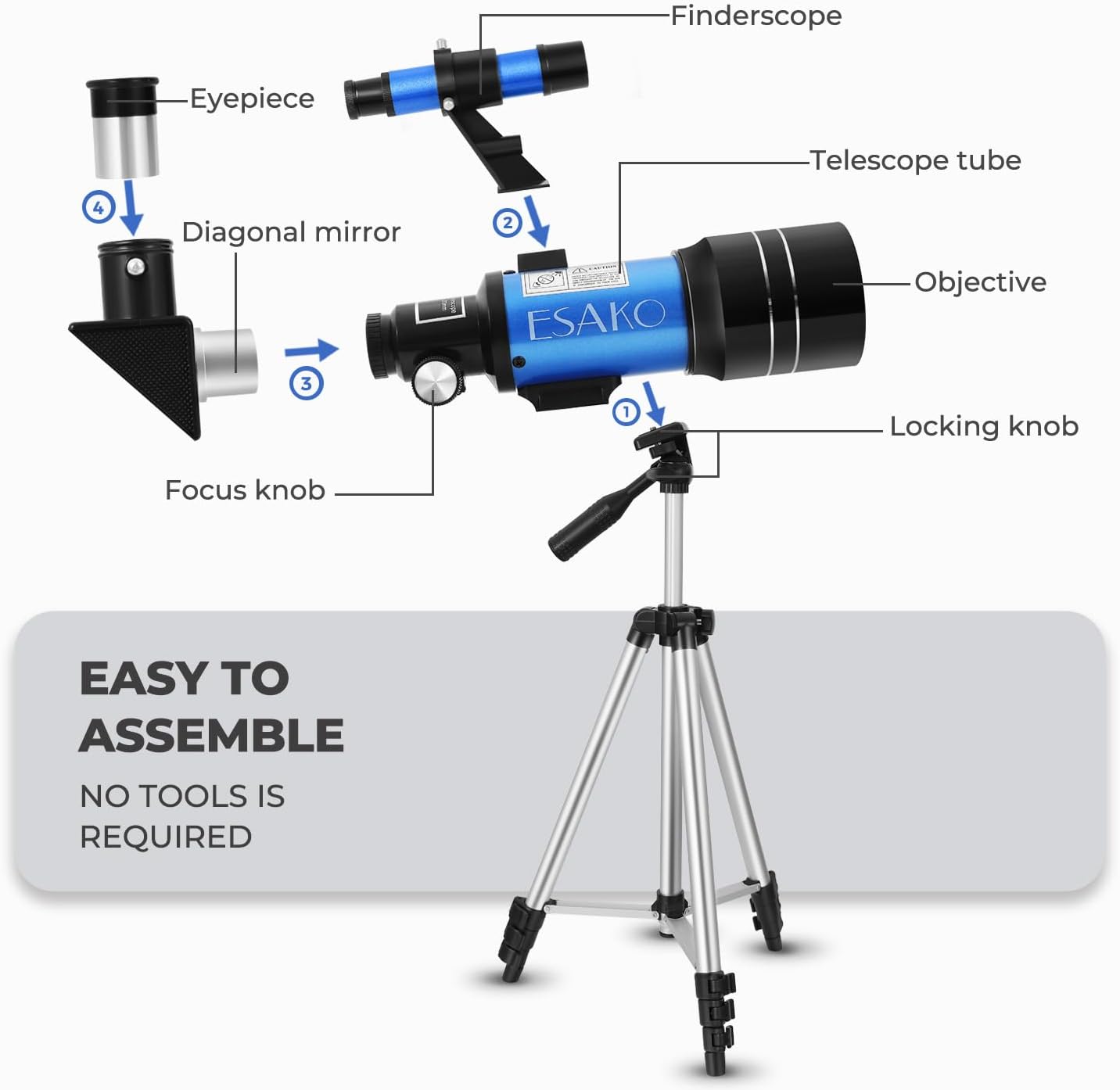 Telescope for Kids & Beginners, 70mm Aperture Portable Telescopes with 3 Eyepieces, Height Adjustable Tripod & Phone