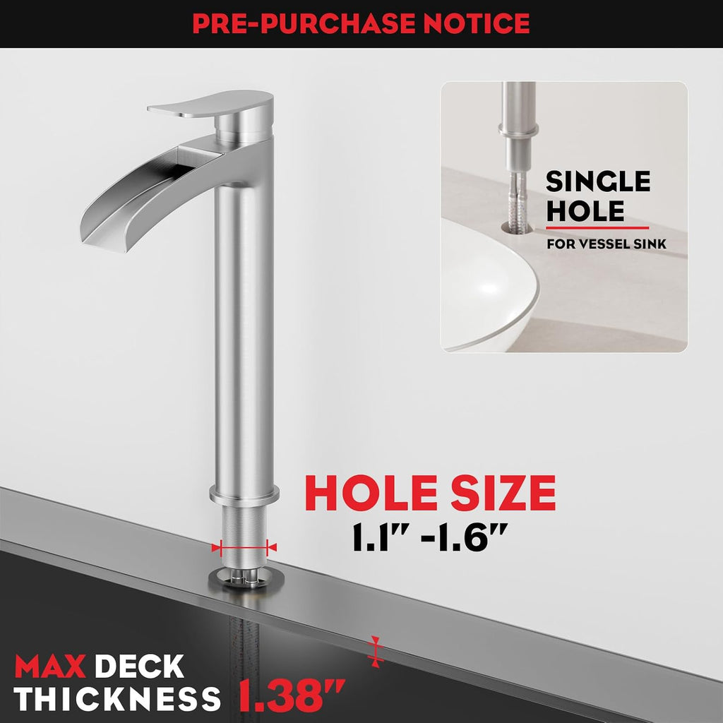 Brushed Nickel Tall Bathroom Vessel Sink Faucet, Single Hole Single Handle Waterfall Modern Above Countertop Sink