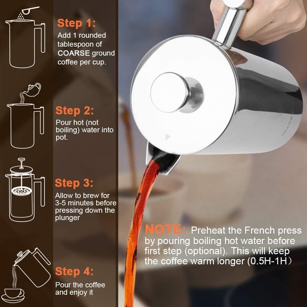 French Press Coffee Maker, 304 Grade Stainless Steel Insulated Coffee Press with 2 Extra Screens, 12oz (0.35 Litre)
