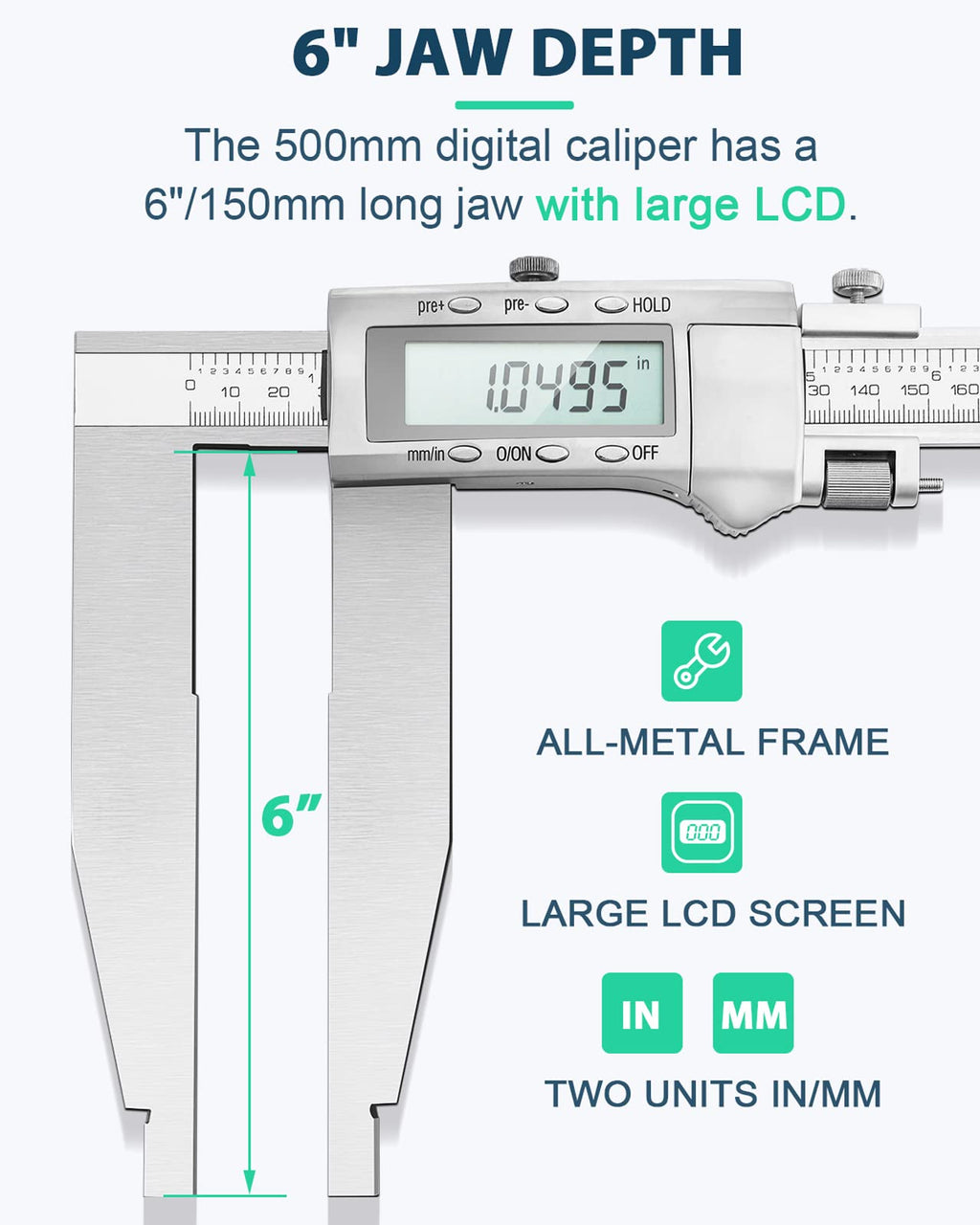 Mxmoonfree 20 Inch Digital Caliper with 6" Long Jaw All-Metal Frame