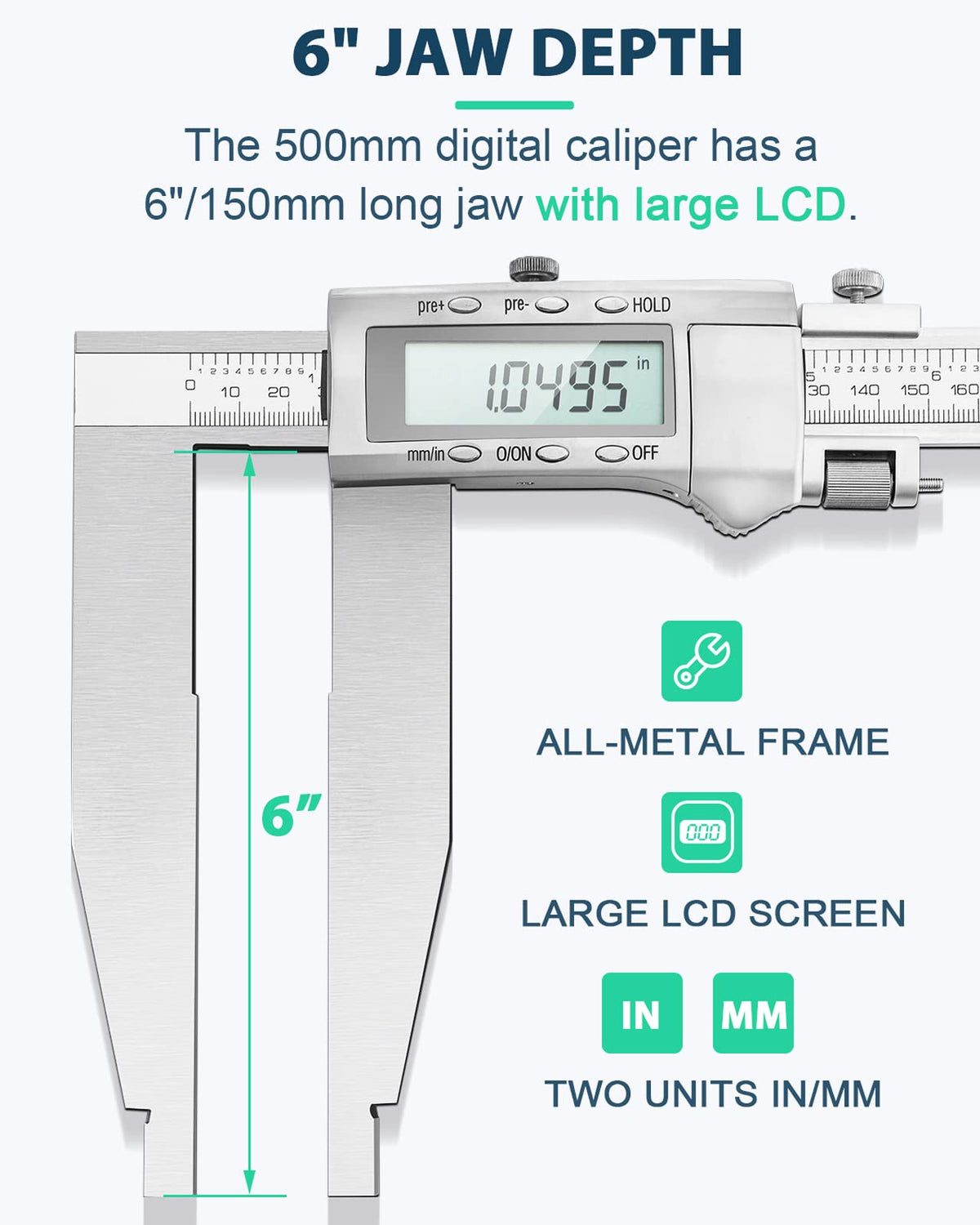 Mxmoonfree 20 Inch Digital Caliper with 6" Long Jaw All-Metal Frame