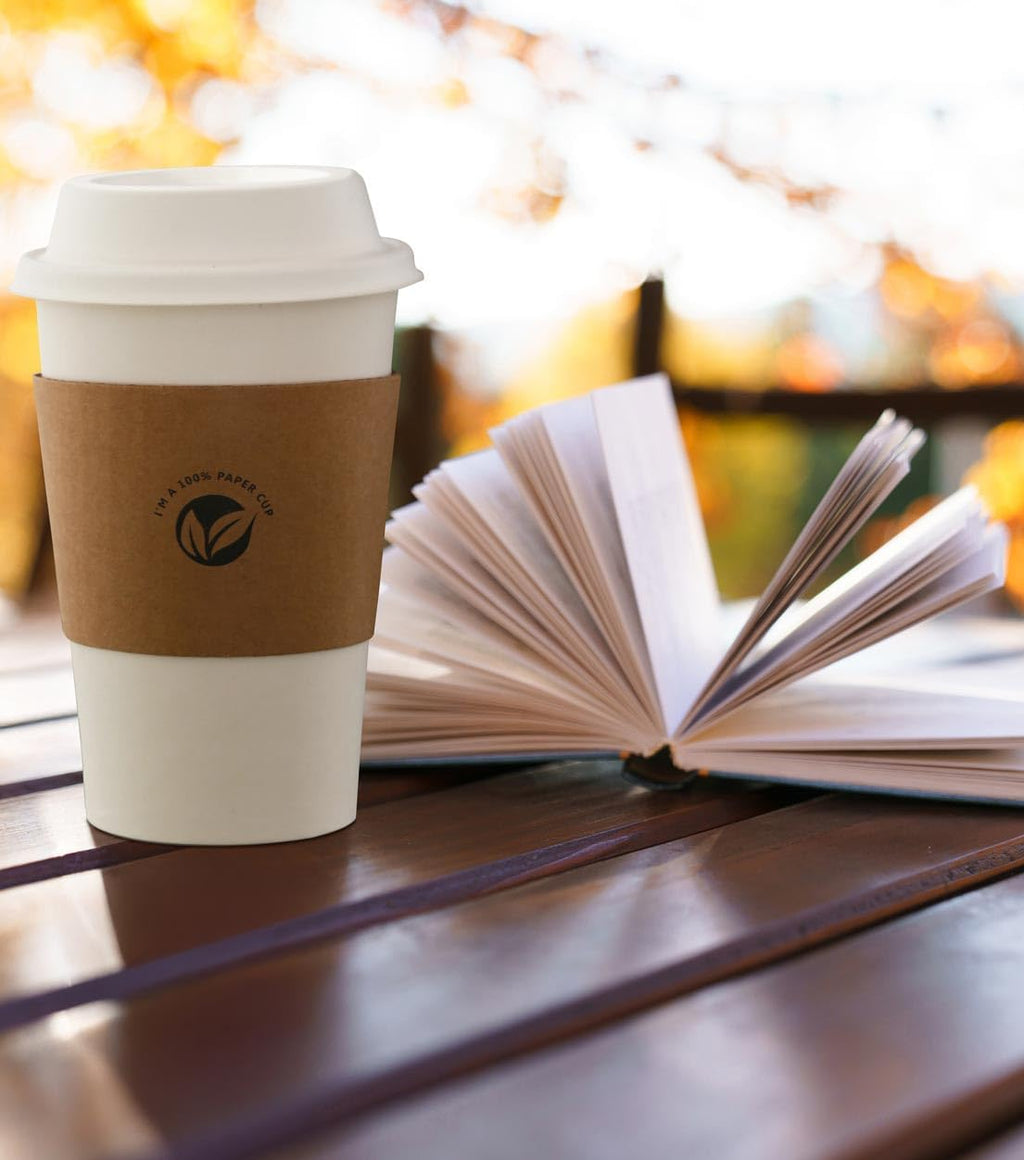 [50 pack] 16 oz Compostable Coffee Cups with Lids and Kraft Sleeves