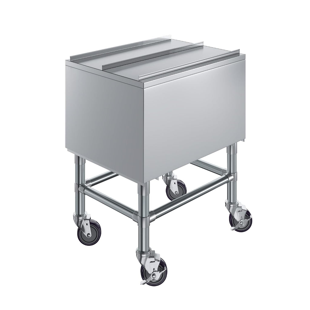 18 in. x 24 in. Stainless Steel Mobile Ice Bin with Sliding Lid – Insulated, with Bottle Holders & Casters