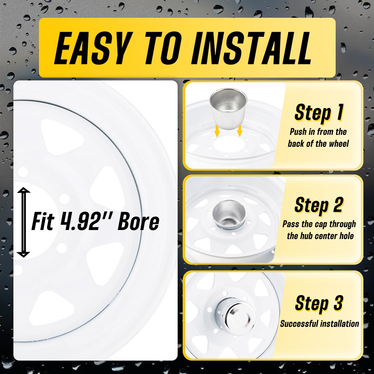 2Pcs 4.9" Stainless Trailer Wheel Center Caps, 3.66" H Chrome 02