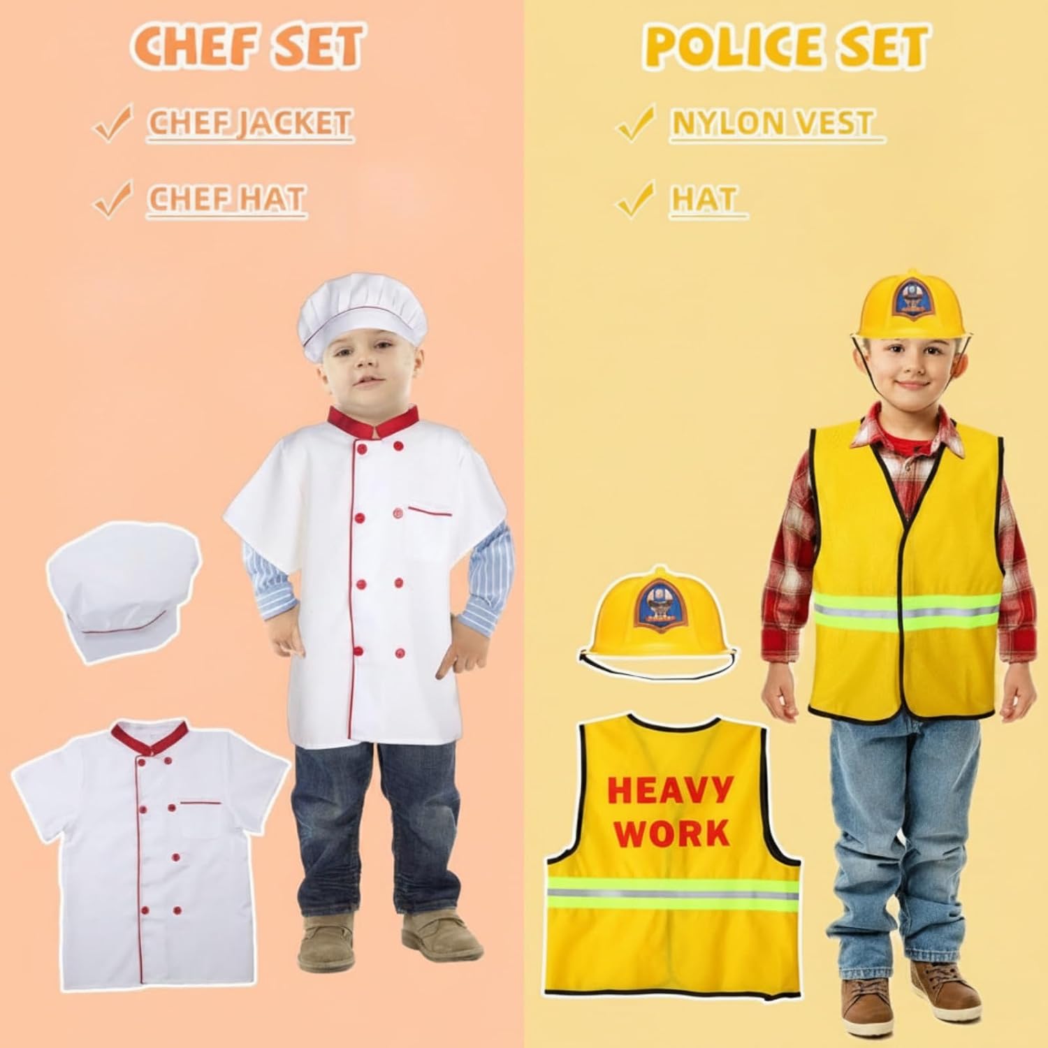 8 Sets Kids Role Play Dress up Clothes, Washable Astronaut Construction Policeman Fireman Doctor Chef Gardener