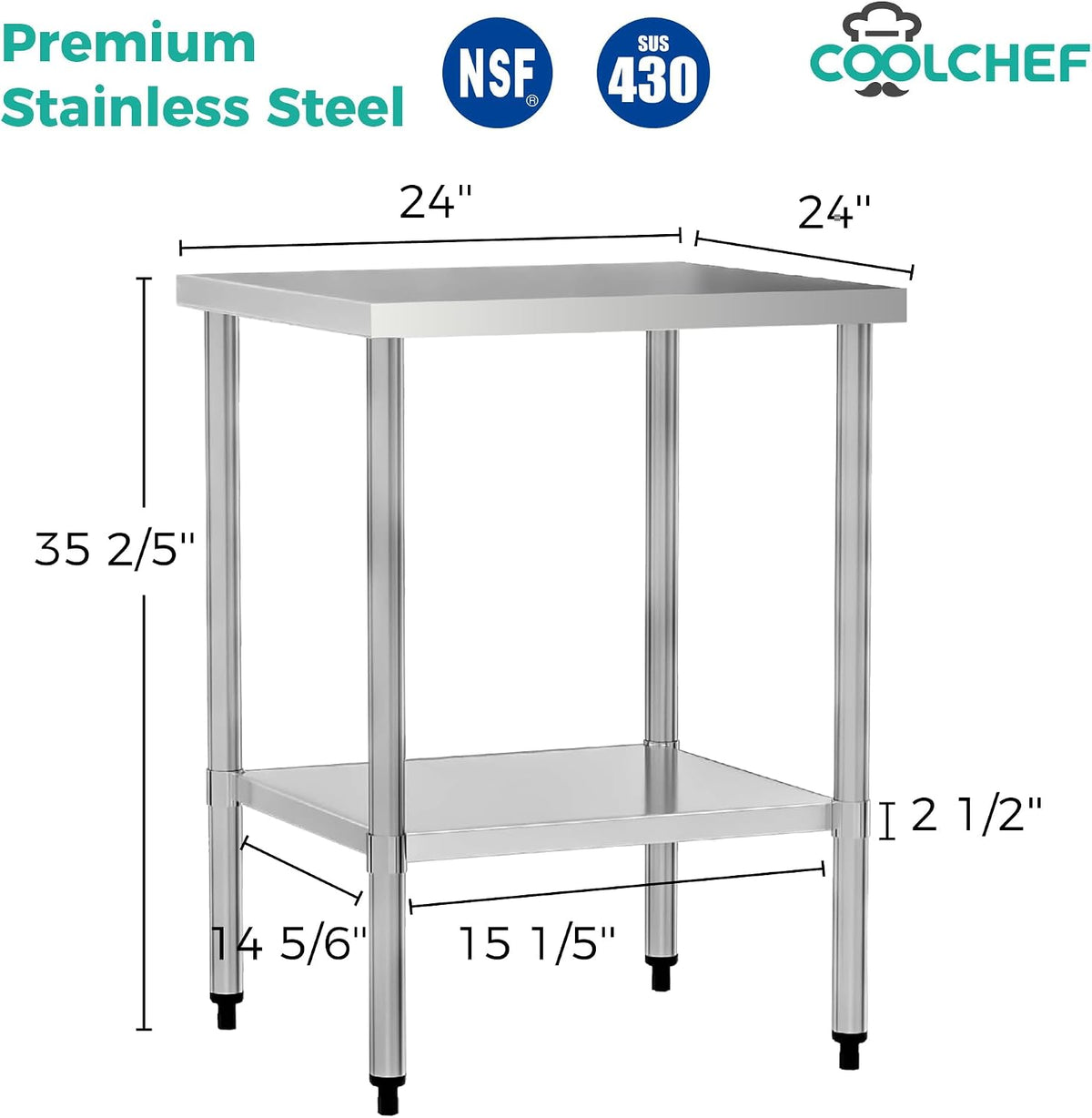 24 x 24 Inch NSF Stainless Steel Work Table with Undershelf