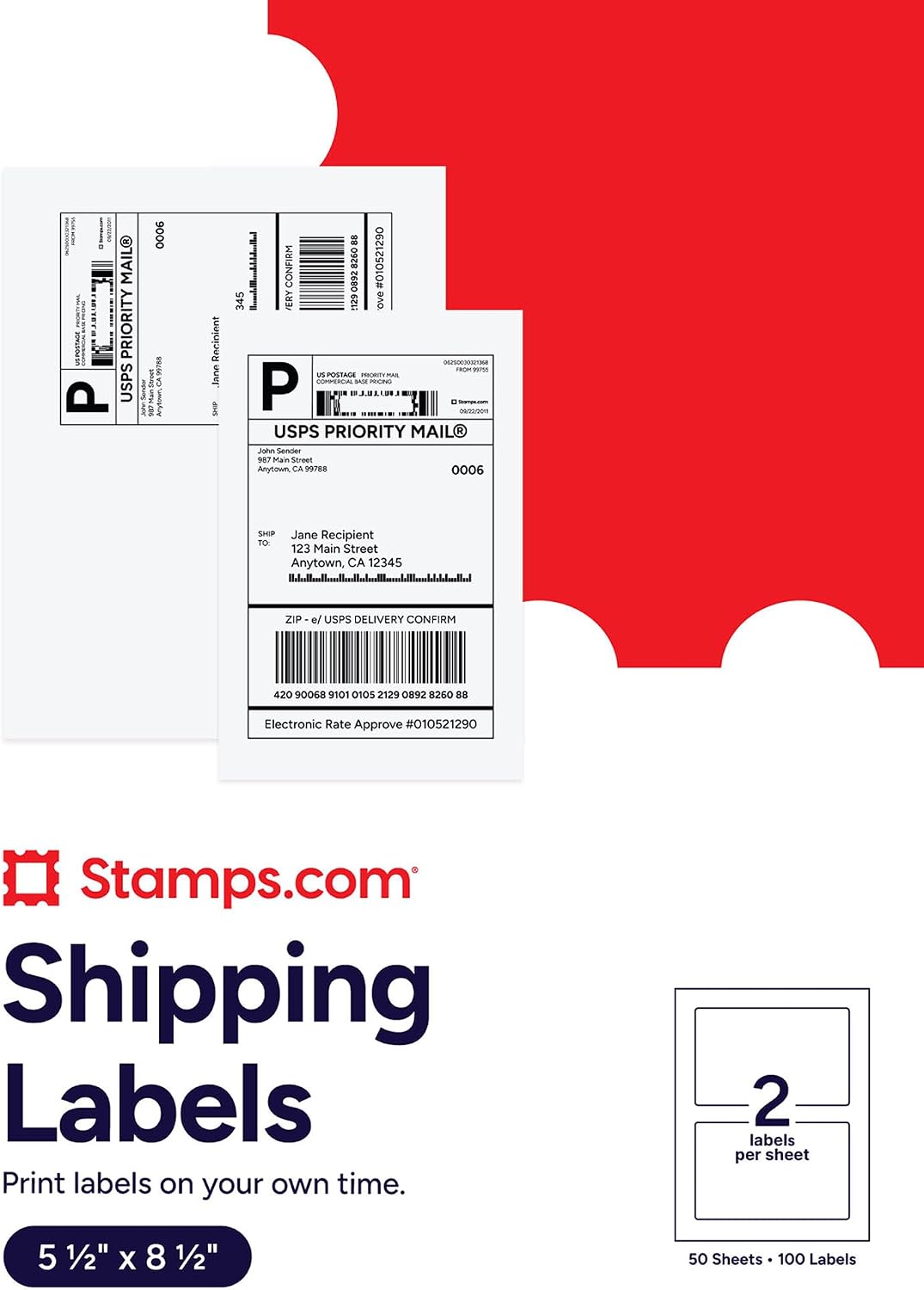 Shipping Labels, 5.5 x 8.5 Inch Half Sheet, 2 Per Sheet, 250 Count