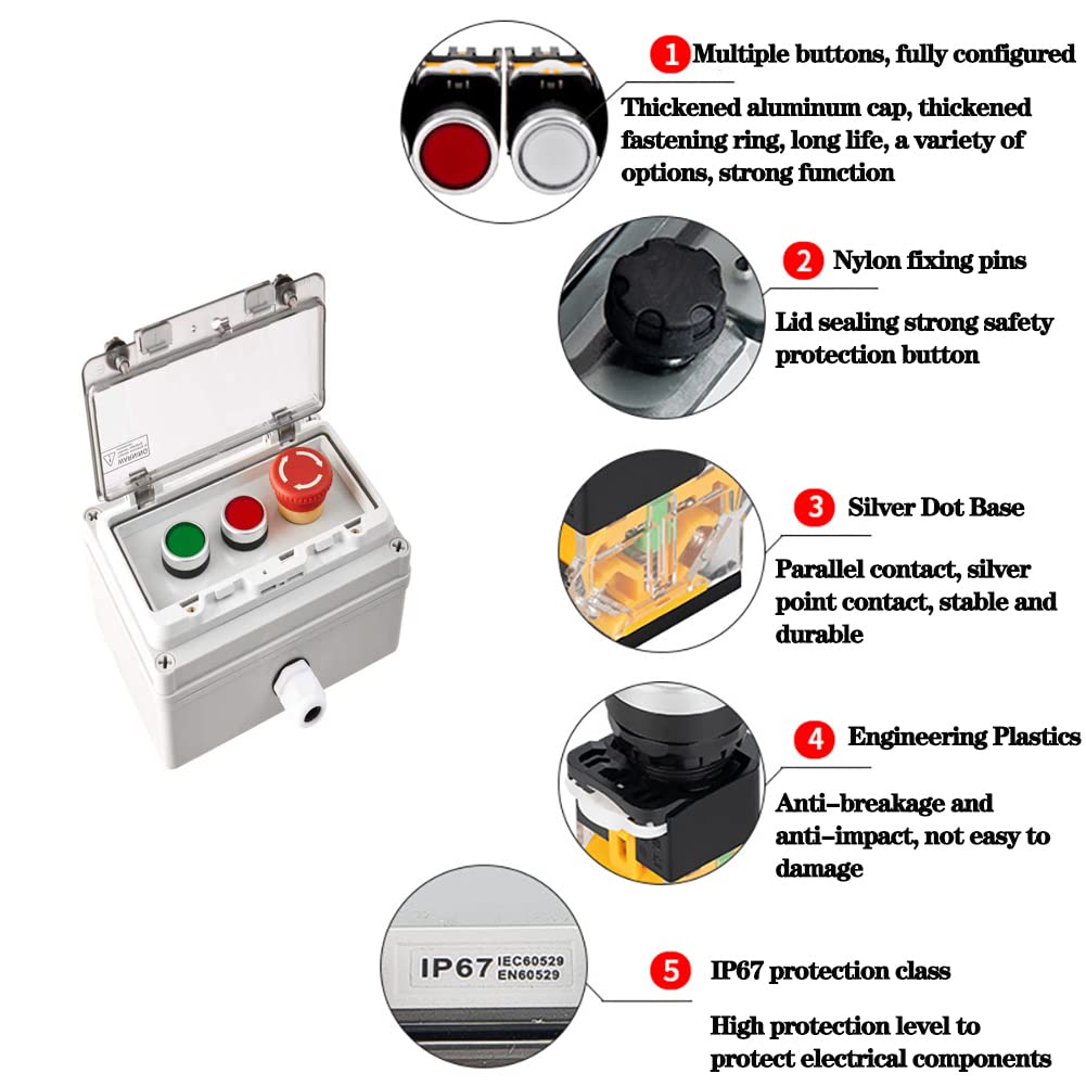 E-Stop Start Stop Push Button Station w/Lockable Cover, Green/Red IP67