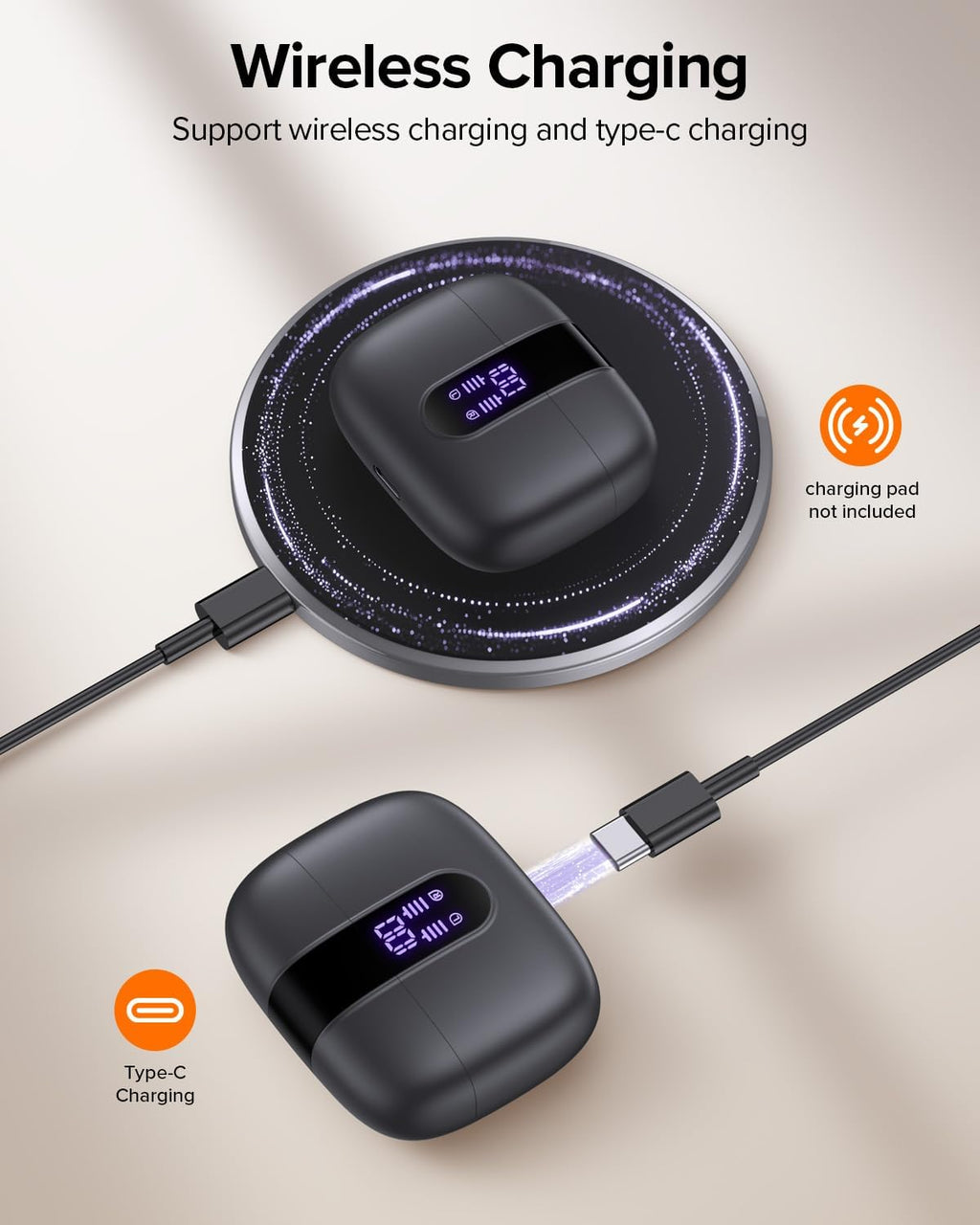 Bluetooth Headphones True Wireless Earbuds 60H Playback LED Power Display Earphones with Wireless Charging Case IPX5