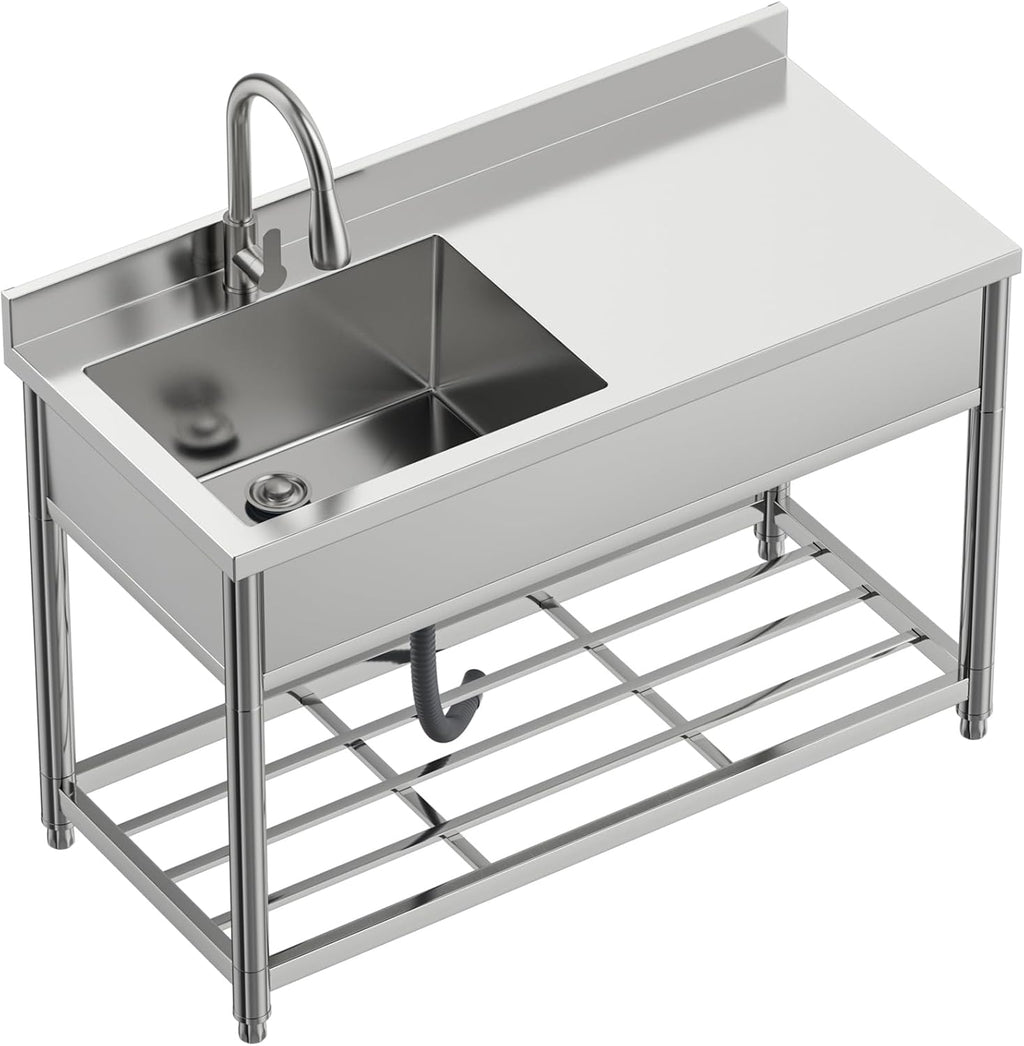 Stainless Steel Commercial Sink with Drainboard, Free Standing Utility Sink