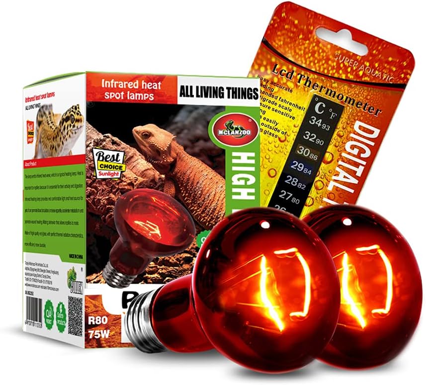 Infrared Heat Lamp Bulbs 75W 2 Pack,Red Basking Spot Light Bulb Reptile Heating lamp for Bearded