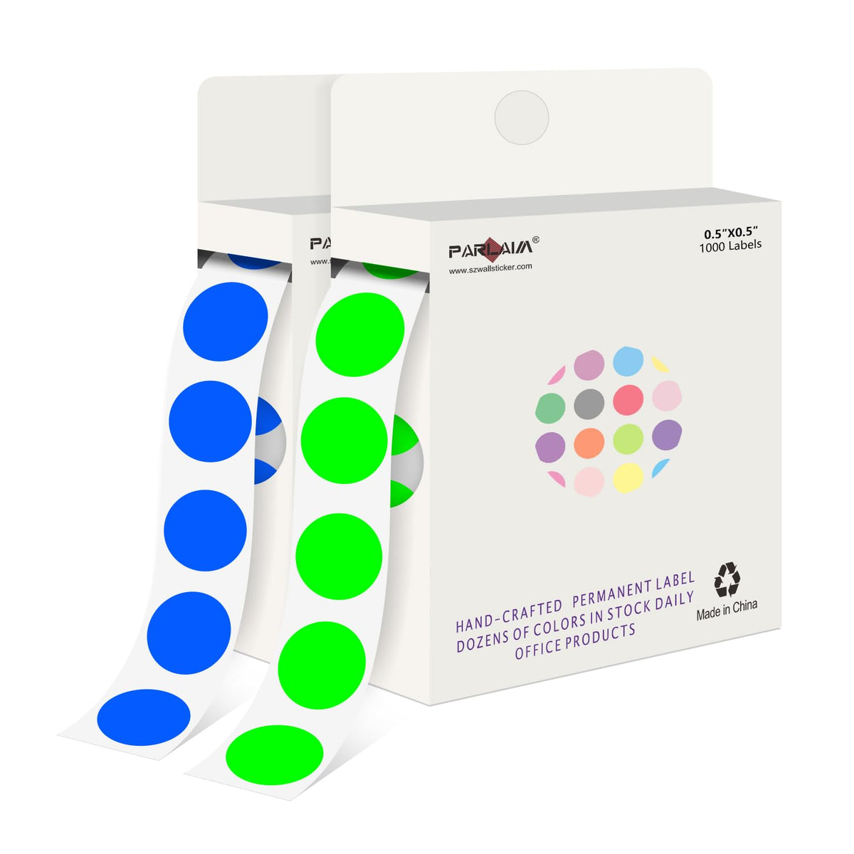0.5" Circle Dot Stickers 2000 Color Coded Labels, Fluorescent Green+ Blue