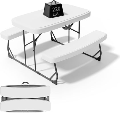Picnic Table with Benches, Durable All-Weather Steel Frame, Stable & Easy to Clean, Portable Camping Table and Chairs