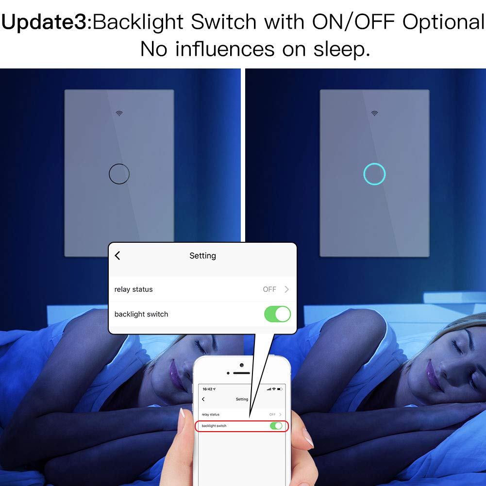 MoesGo WiFi RF433 Smart Touch Light Switch, No Neutral Wire, White 1 Gang
