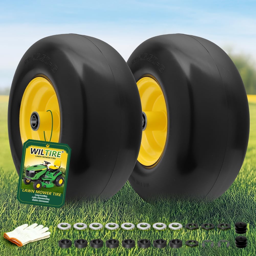 (2 Pack) 13x6.50-6 Flat Free Front Tire and Wheel,13x6.5-6 Lawn Mower Tires, Solid Tractor Turf Tire,5.5"-8" Centered