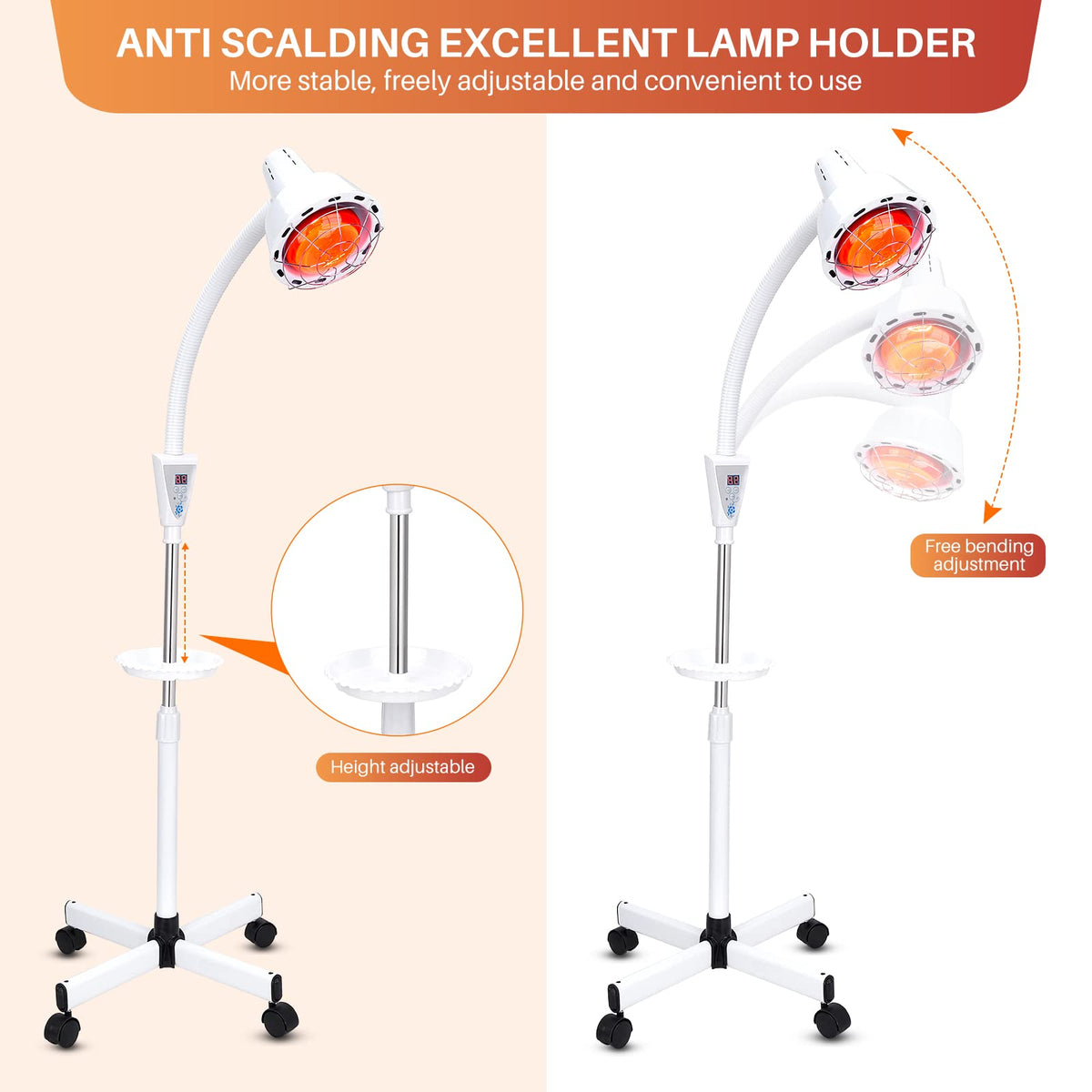 Infrared Red Light Therapy Lamp 275W with Timer and Adjustable Height Stand