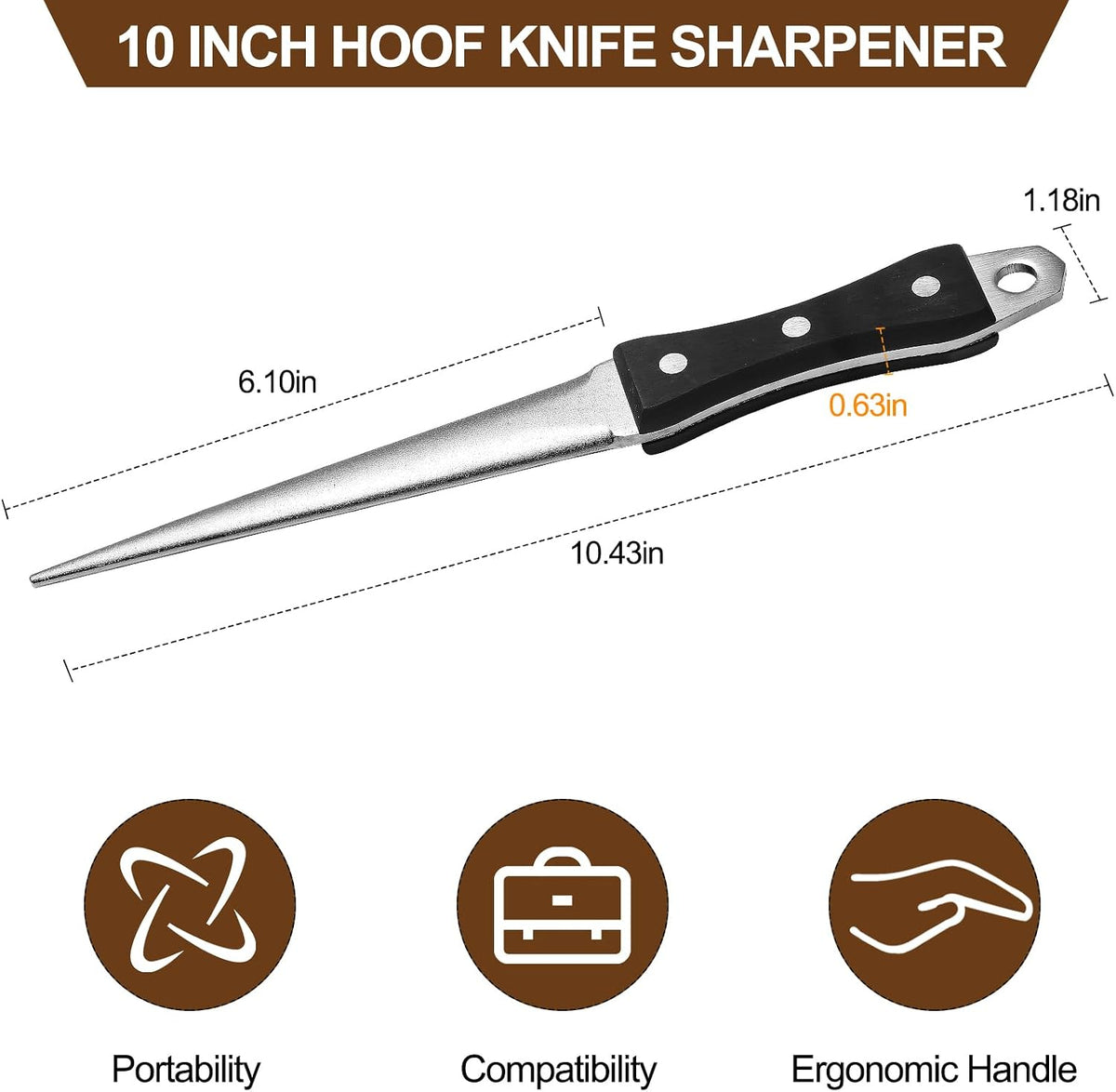 Hoof Knife Sharpener, 10 Inch Farrier Tool Honing Rod for Hoof Knives