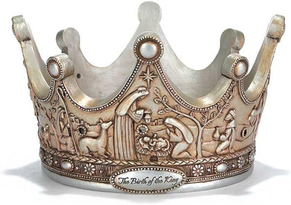 The Birth of The King Crown Brushed Silver Tone 7 x 5 Resin Christmas Advent Candle Holder