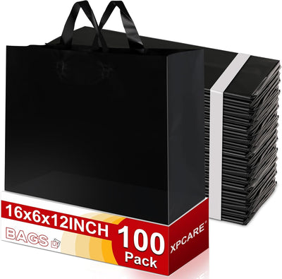 100P Large Plastic Gift Bags with Handles,16x6x12 Black Plastic Bags
