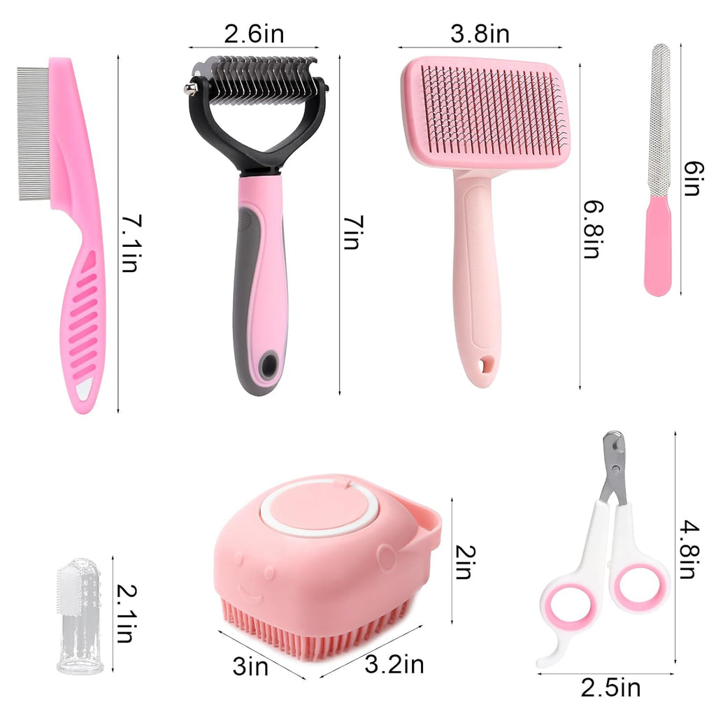 8 Pcs Dog Grooming Kit with Self Cleaning Tools: Nail Clipper, Flea Comb, Shampoo Brush, Shedding Brush, Dematting