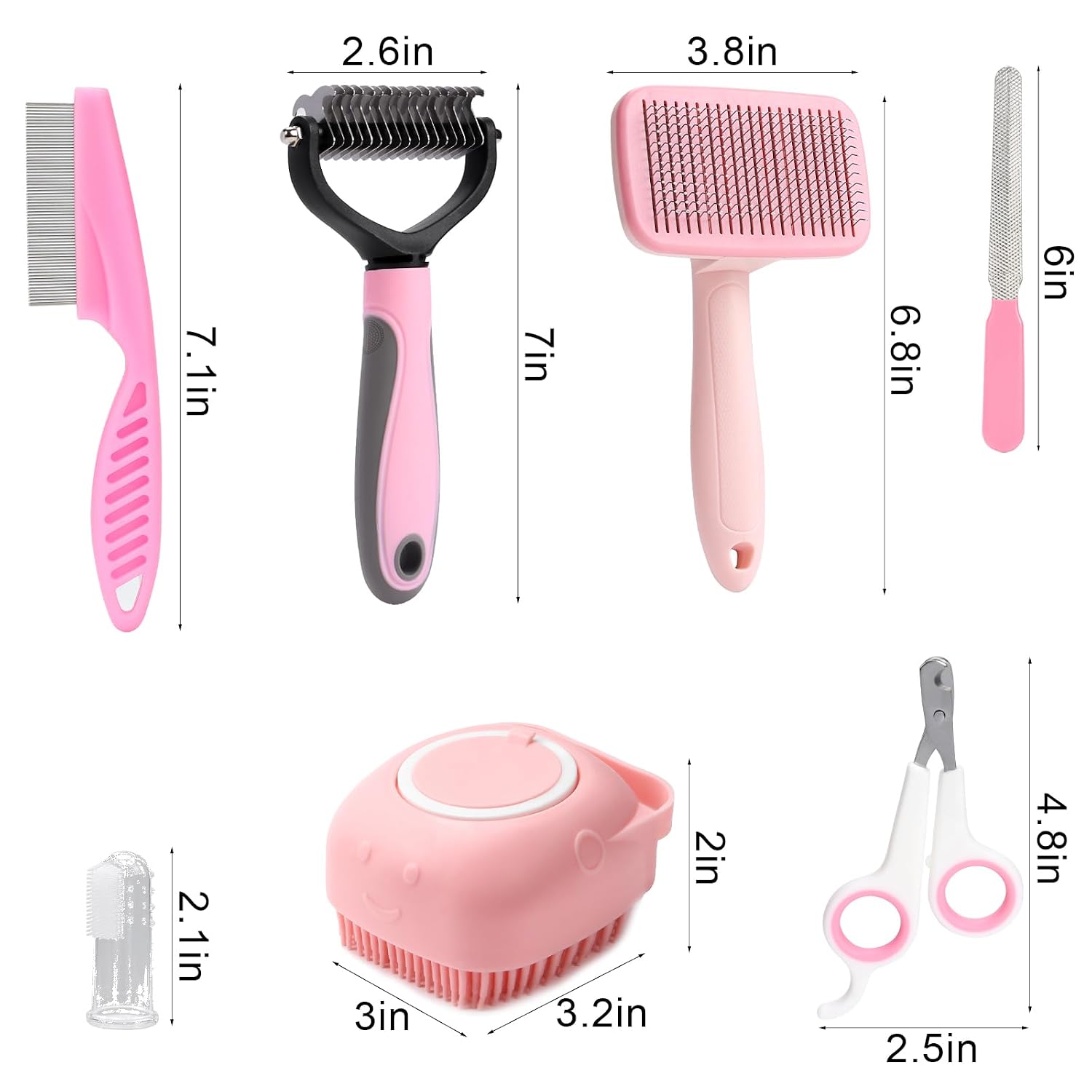 8 Pcs Dog Grooming Kit with Self Cleaning Tools: Nail Clipper, Flea Comb, Shampoo Brush, Shedding Brush, Dematting
