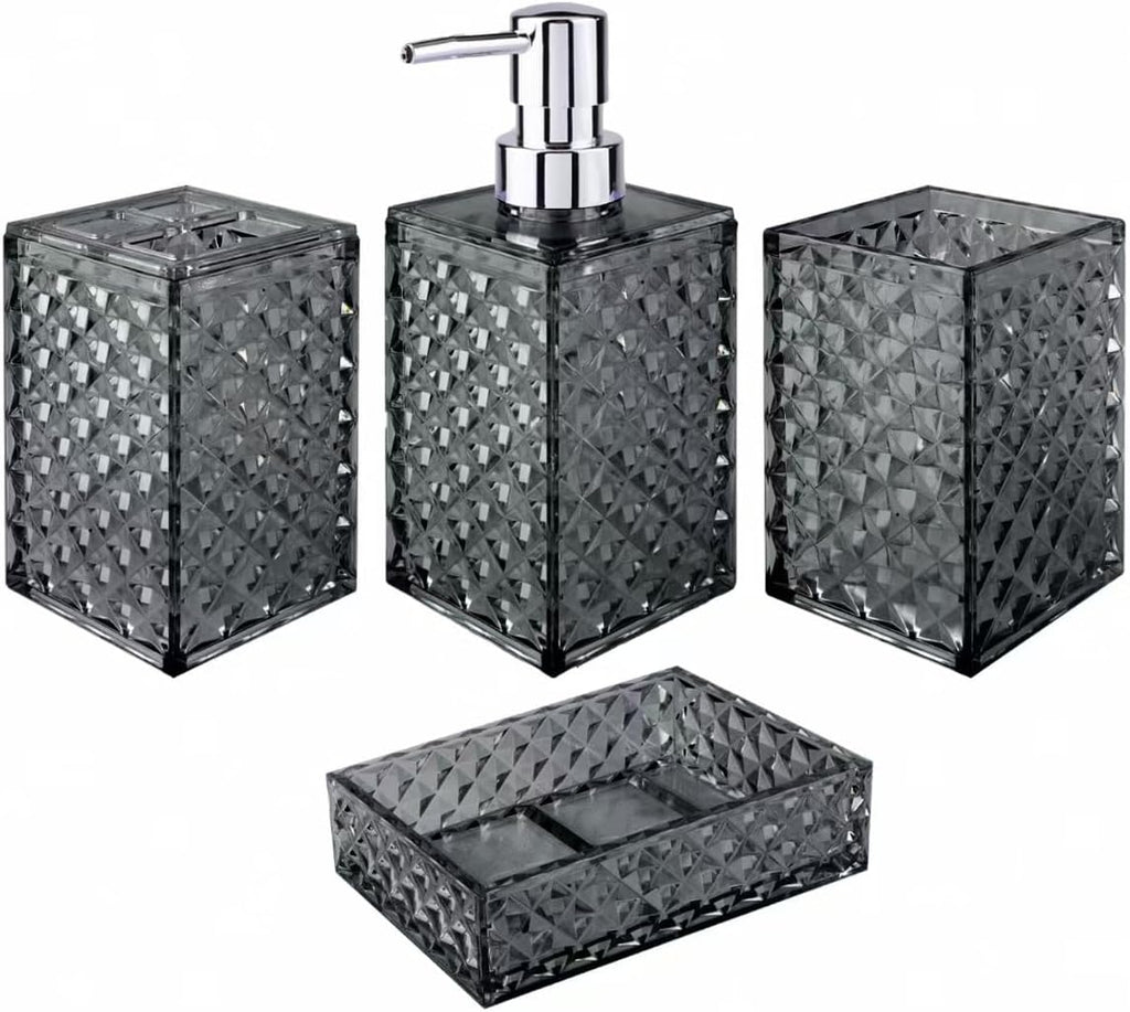 Bathroom Accessory Set, Grid Pattern 4 Pcs Plastic Bathroom Set, Grey | Include Soap Dispenser, Soap Dish, Toothbrush