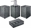 Bathroom Accessory Set, Grid Pattern 4 Pcs Plastic Bathroom Set, Grey | Include Soap Dispenser, Soap Dish, Toothbrush